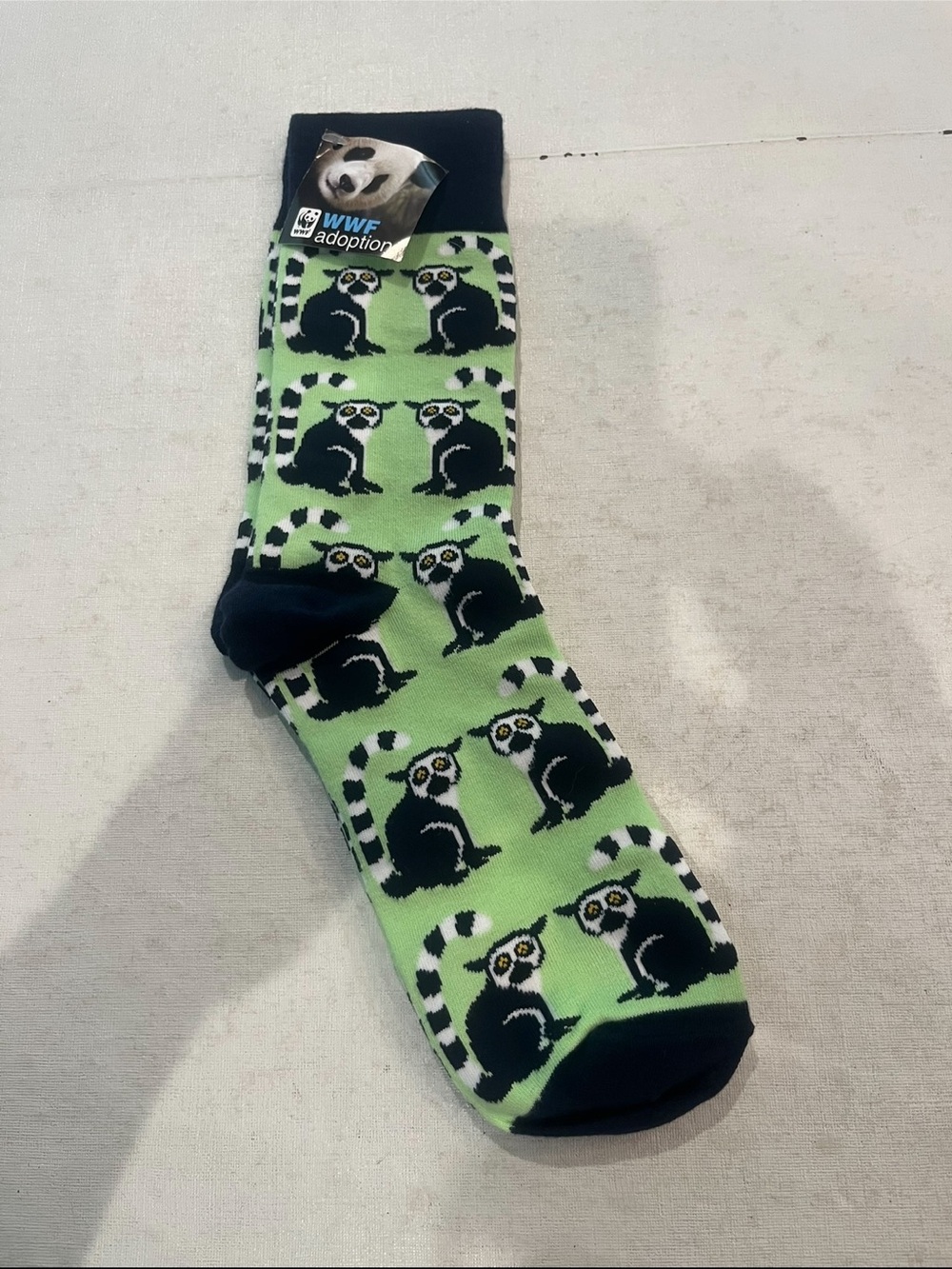 WWF lime green ringtail lemur socks. NEW!